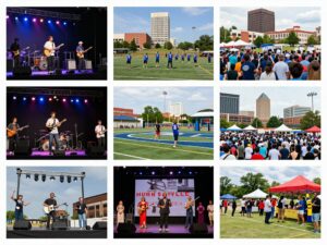 A vibrant collage representing Huntsville's weekend events with live music, sports, and cultural activities.
