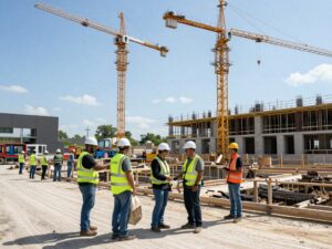 Construction site in Huntsville with cranes and workers