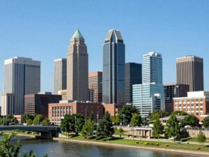 A panoramic view of Huntsville, Alabama, highlighting its modern skyline and vibrant economy.