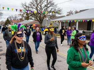 Vibrant Mardi Gras celebration in Huntsville with community members dressed in festive attire