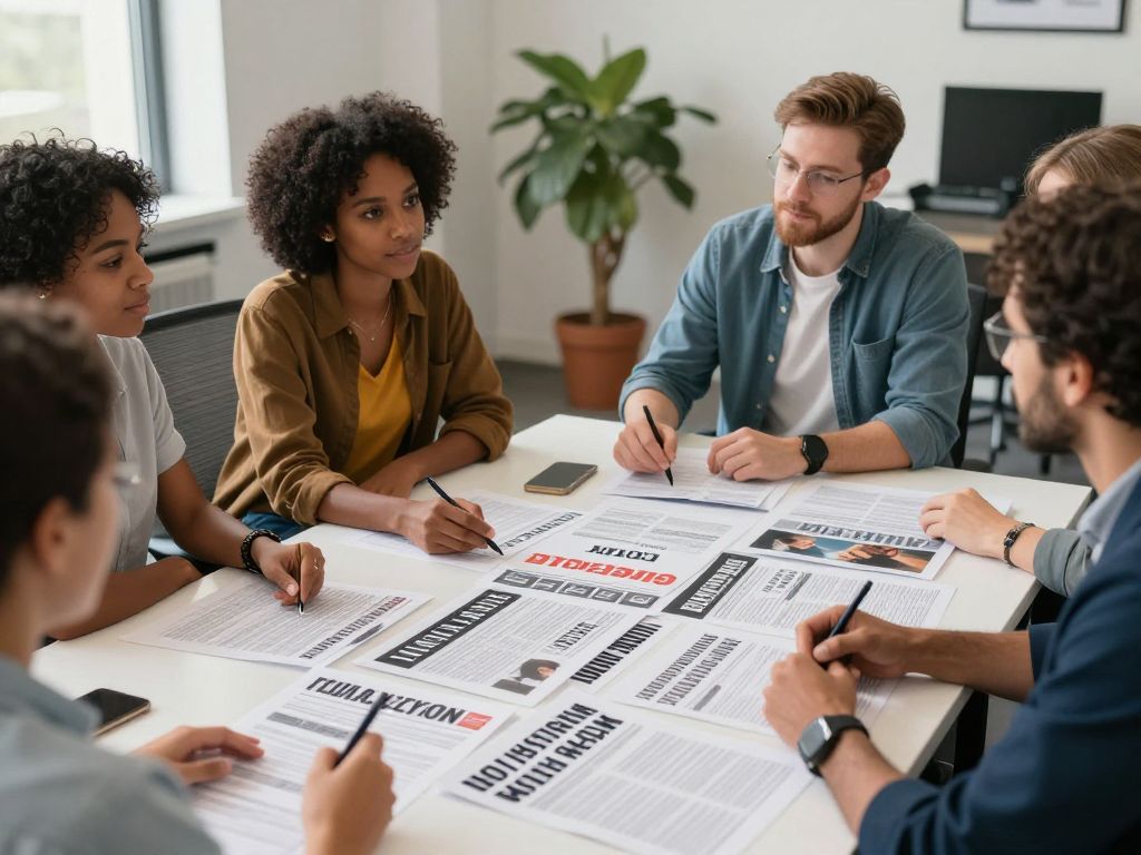 Team discussing media outreach strategy and press releases.