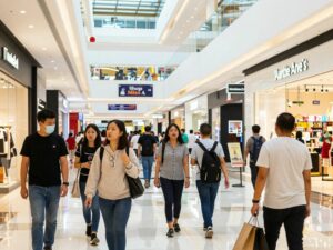 Shoppers outside Parkway Place Mall with signs for Shop Miss A and Auntie Anne's.