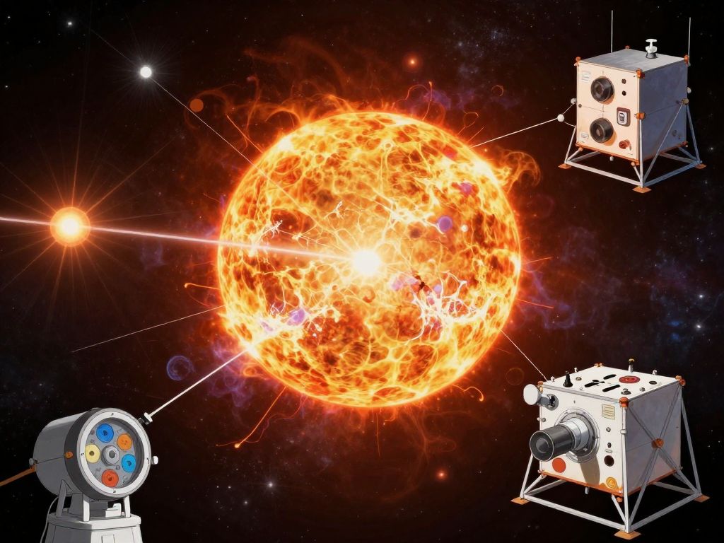 Illustration of a solar flare and related scientific instruments