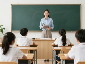 Students learning in a classroom under the guidance of a teacher, representing educational leadership