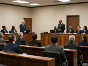 Courtroom scene during Tuscaloosa capital murder trial