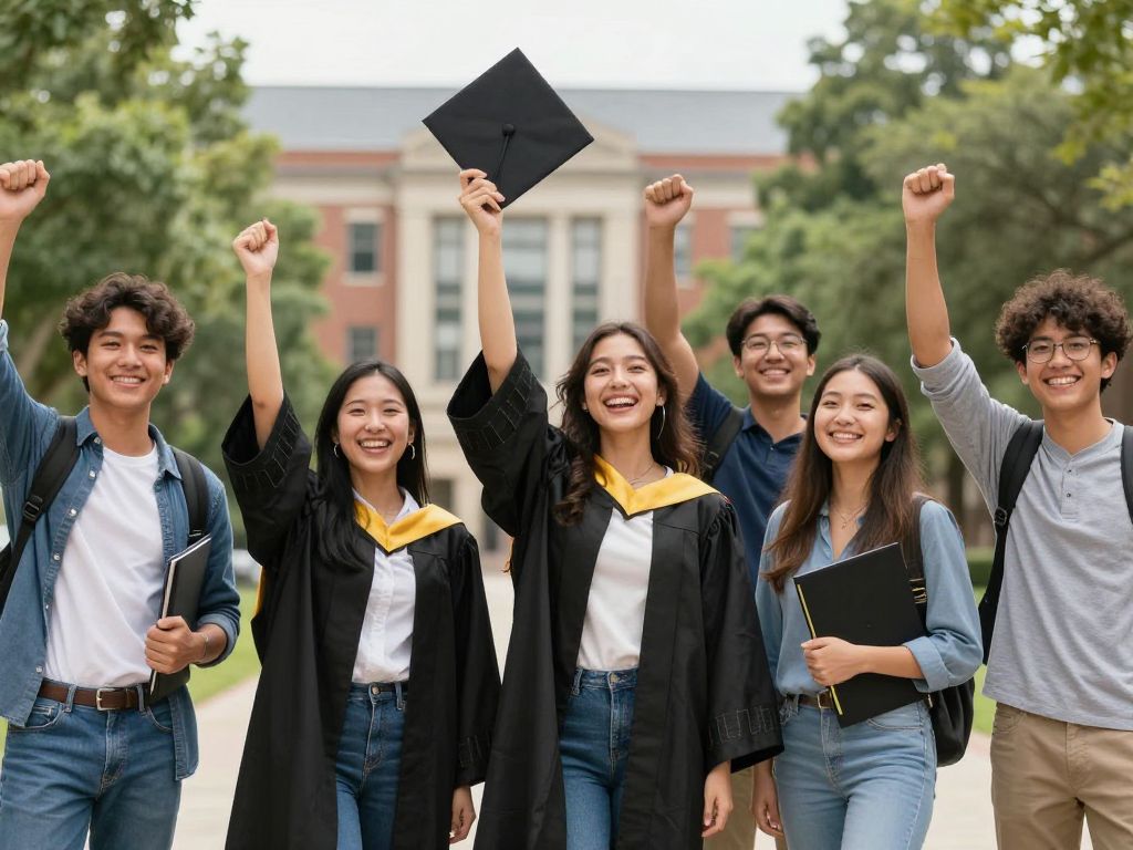 Students from the University of Alabama celebrating their Fulbright awards outdoors.